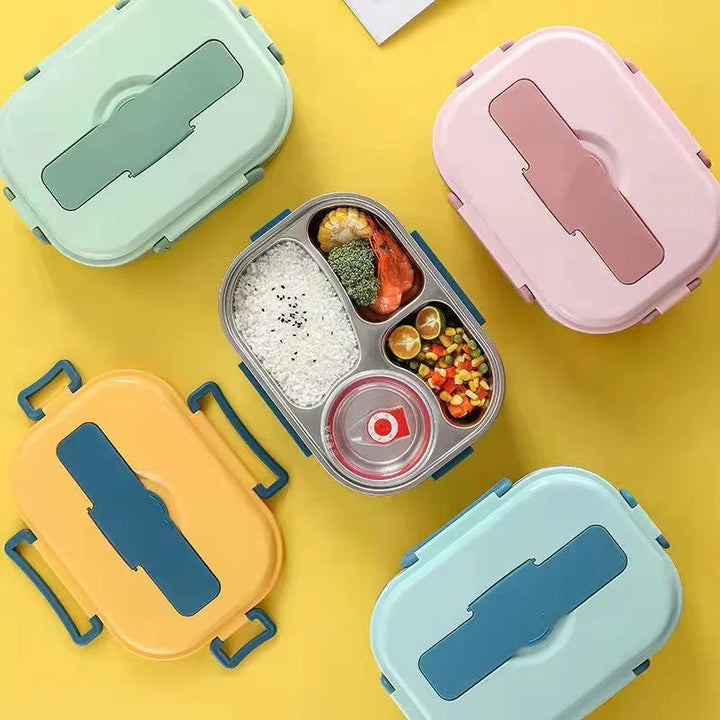 On-the-go meal prep container, insulated, stainless steel, 4 compartments for diverse food.