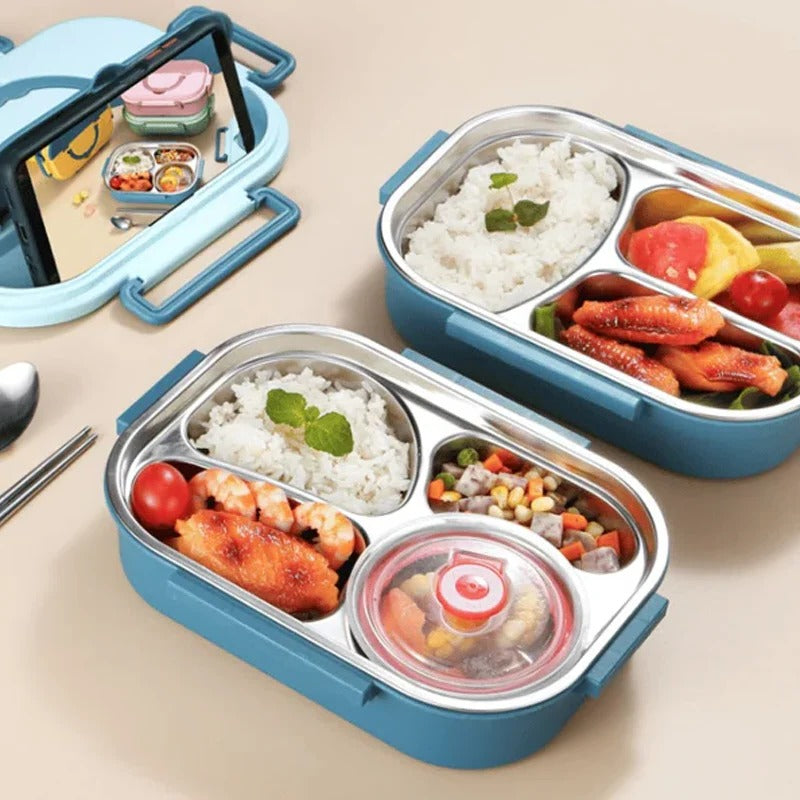 Modern stainless steel thermal lunchbox with 4 separated leakproof food compartments.