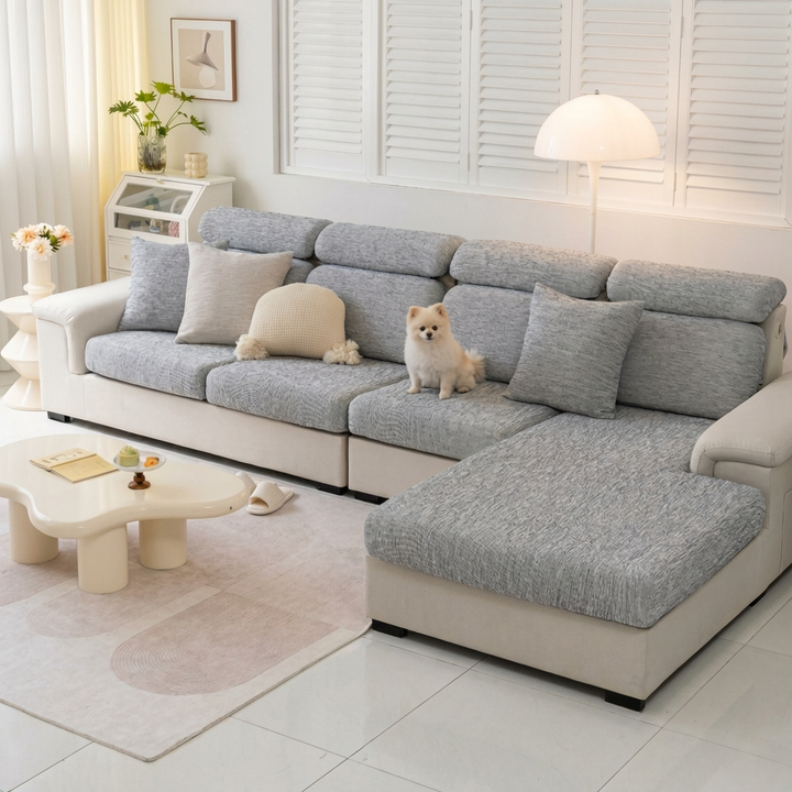 Pet friendly stretch linen blend couch cover for furniture protection. Durable & washable sofa protector.