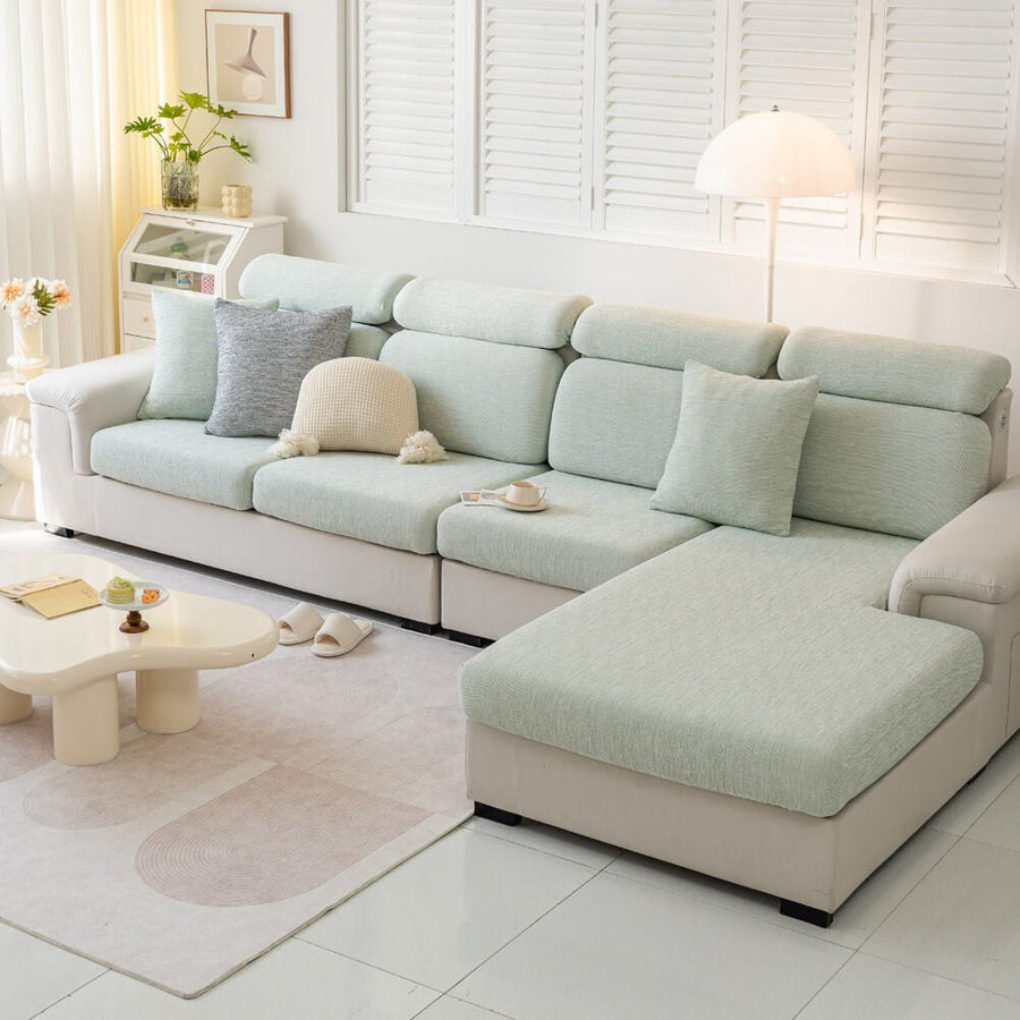 Linen blend stretch sofa cover for living rooms. Pet friendly couch protector & washable furniture slipcover.