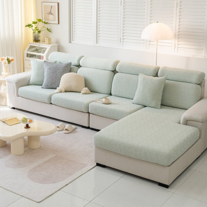 Linen blend stretch sofa cover for living rooms. Pet friendly couch protector & washable furniture slipcover.