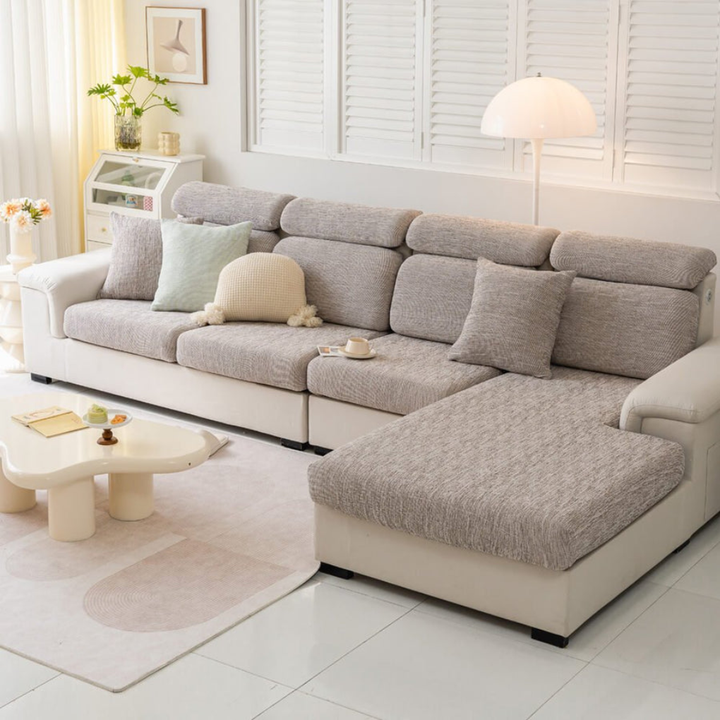 Durable stretch linen blend sofa protector. Universal fit furniture cover keeps couches safe from pets.