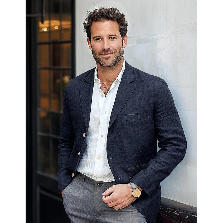 Stylish dark blue men's classic blazer, perfect for smart casual or professional all-season wear.