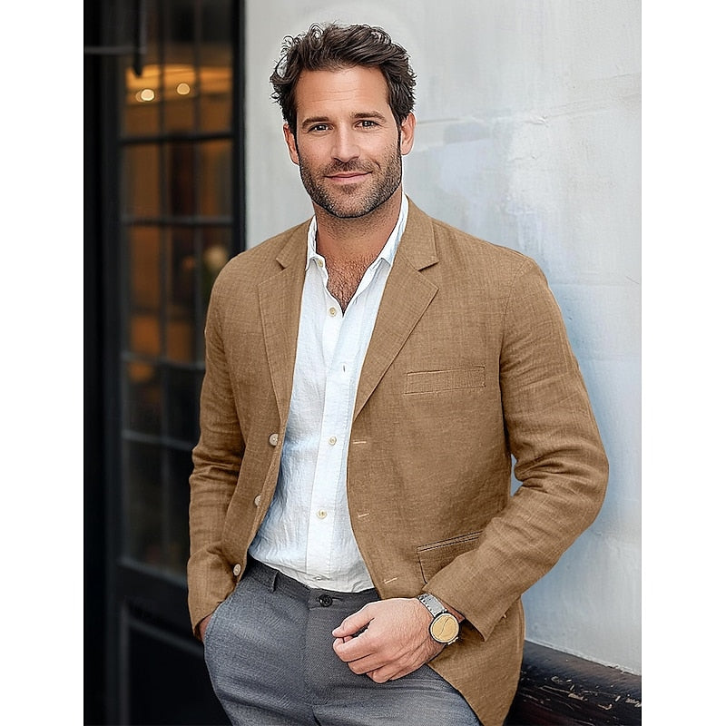 Lightweight single-breasted men's blazer in versatile brown, ideal for business casual attire.