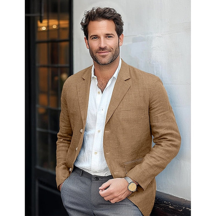 Lightweight single-breasted men's blazer in versatile brown, ideal for business casual attire.