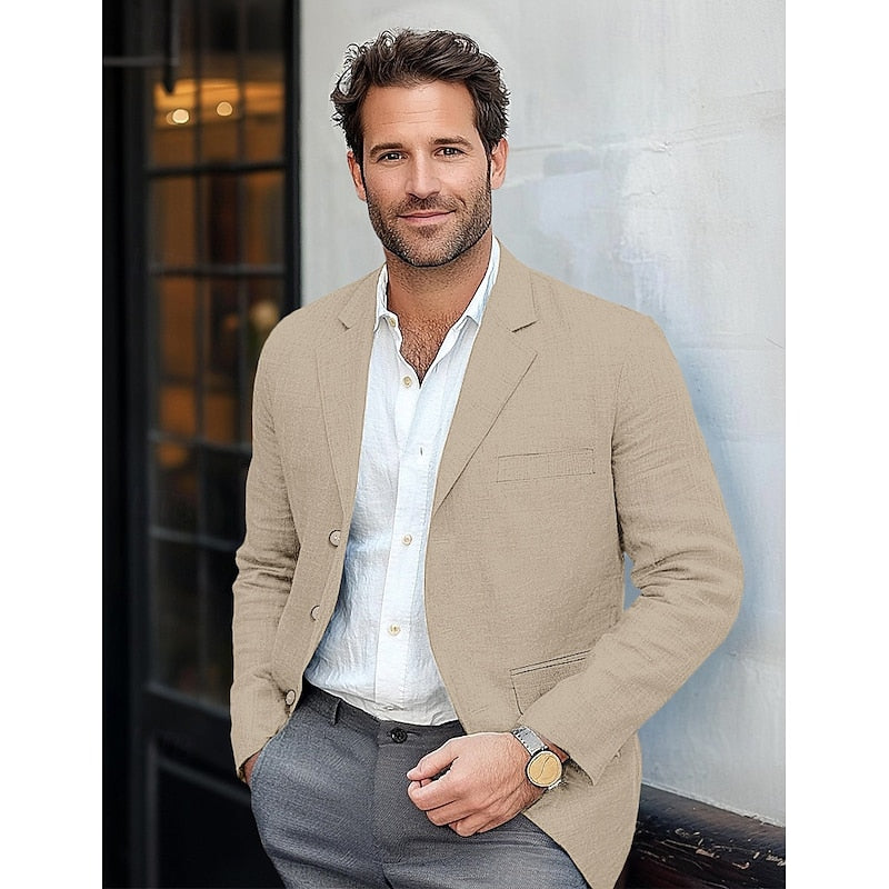 Khaki single-breasted men's classic blazer, a lightweight and versatile jacket for all-season wear.