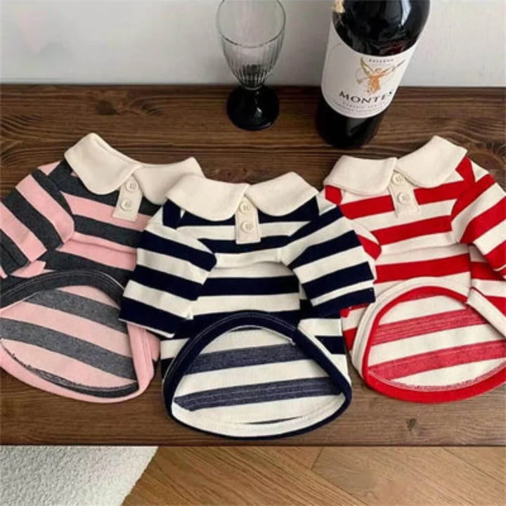 Stylish dog's classic striped polo shirt for walks, comfortable pet apparel for everyday canine fashion.