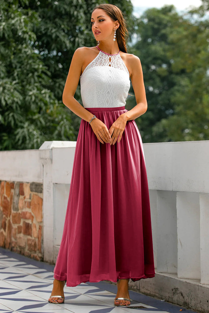 Back view of an elegant women's halter wedding guest maxi dress, a chic floor-length formal gown perfect for parties.