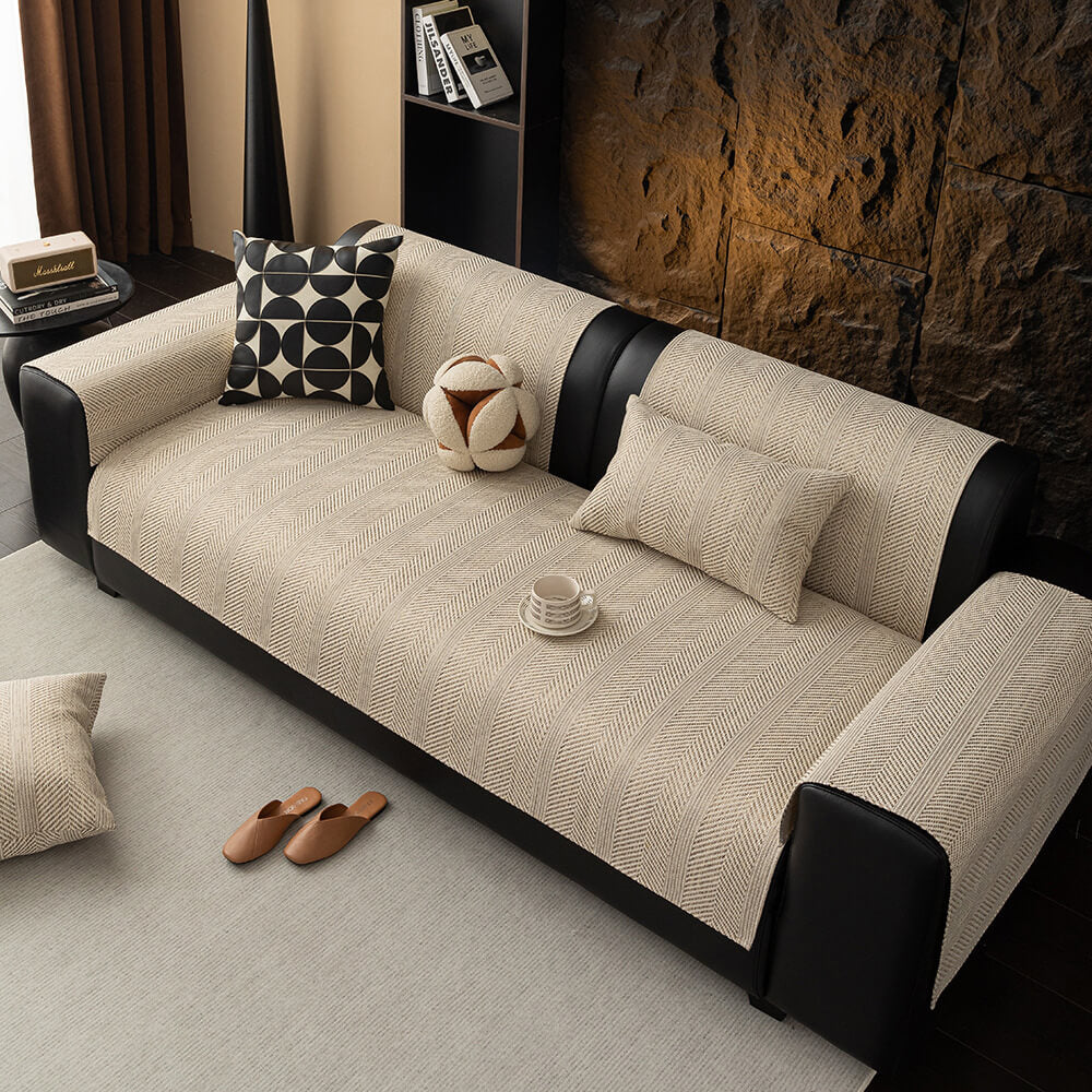 Durable herringbone linen blend furniture cover; stylish, pet-friendly & washable non-slip couch protector.