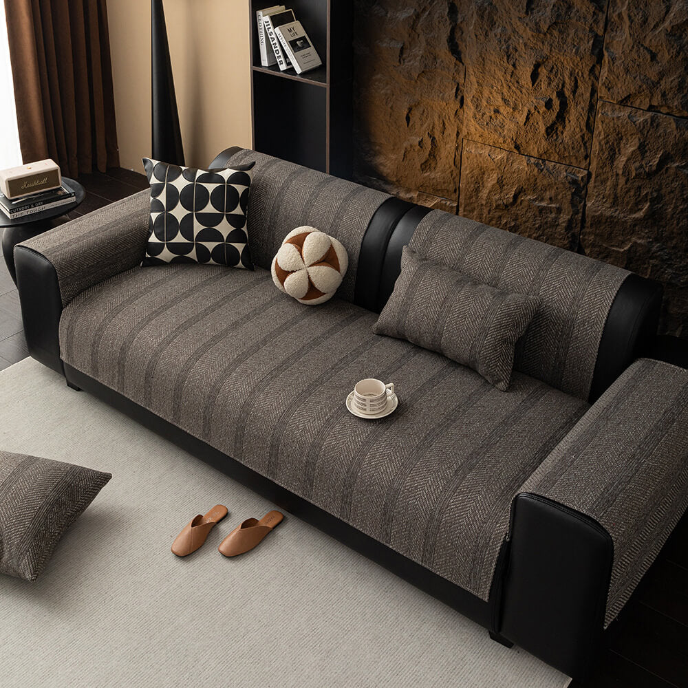 Home decor: Stylish herringbone linen blend sofa protector. Washable, pet-friendly, non-slip couch cover.