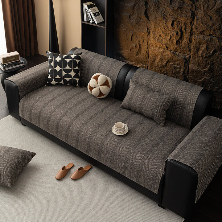 Home decor: Stylish herringbone linen blend sofa protector. Washable, pet-friendly, non-slip couch cover.