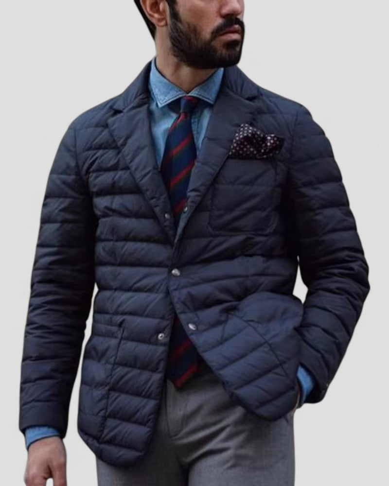 Stylish men's dark blue quilted padded jacket, perfect for smart casual fall and winter outerwear.