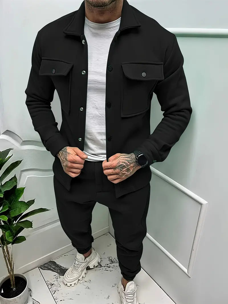 Stylish men's jacket and trousers set in a comfortable fabric, perfect for casual autumn wear or loungewear.