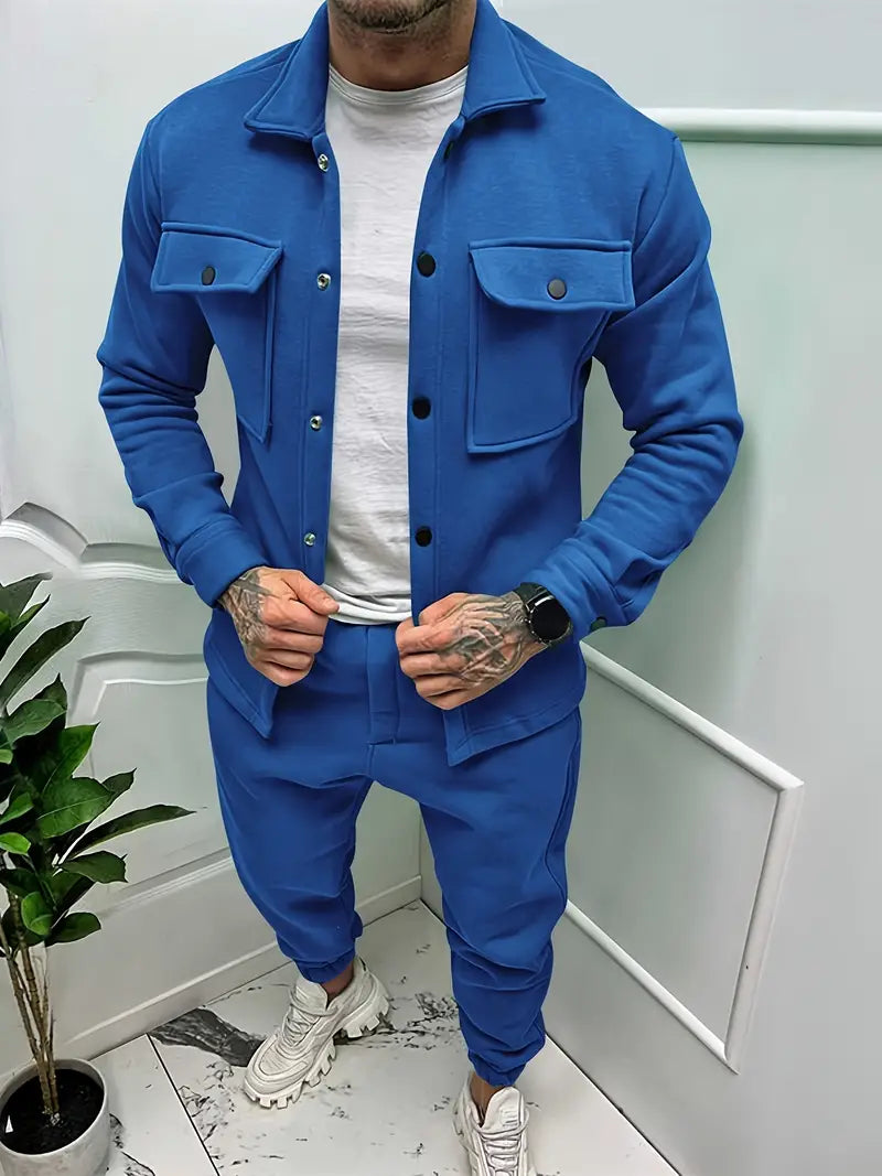 Comfortable men's two-piece jacket and trousers set, great for loungewear or a relaxed fall outfit.