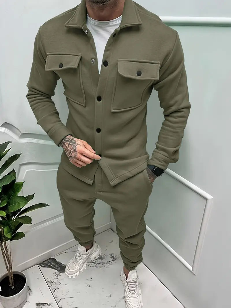 Men's versatile two-piece outfit: a comfortable jacket and matching trousers, ideal for stylish casual menswear.