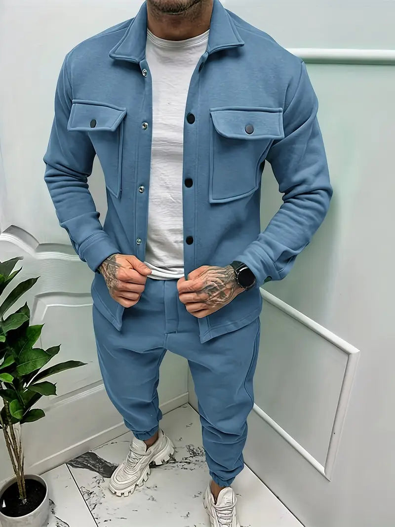 Fashionable men's jacket and trousers set, perfect for a comfortable fall outfit or versatile casual wear.