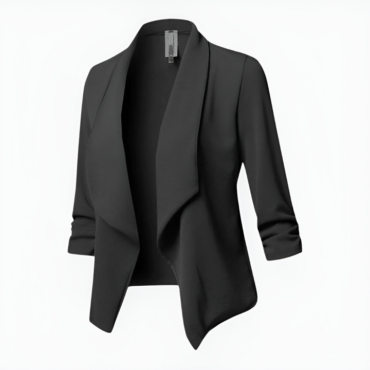 Professional yet casual women's open front blazer, a key piece for any business casual wardrobe.