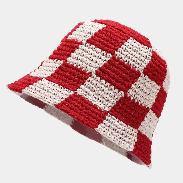 Stylish women's checkered crochet fisherman hat. Perfect breathable summer accessory for beach or casual wear.