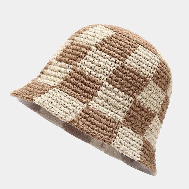 Chic women's checkered crochet hat, a trendy fisherman style. Perfect fashion accessory for sunny days.