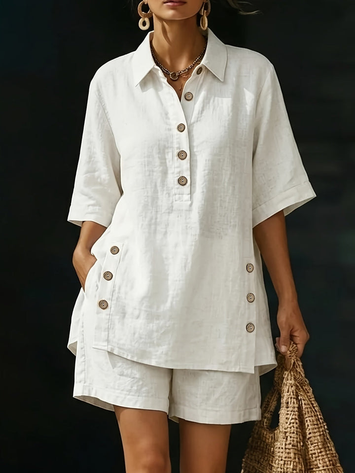 Stylish women's collared button-up top & matching shorts set for a chic summer, vacation, or casual look.