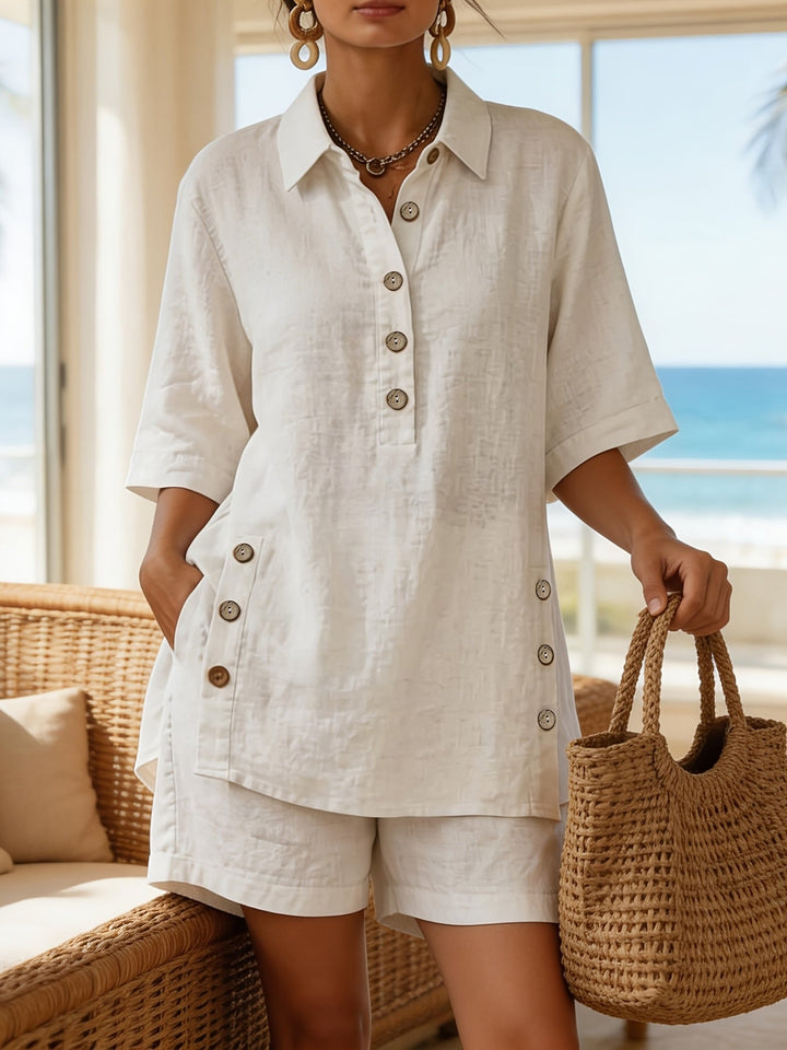 Coordinated women's collared button-up top and comfortable matching shorts, perfect for warm weather.