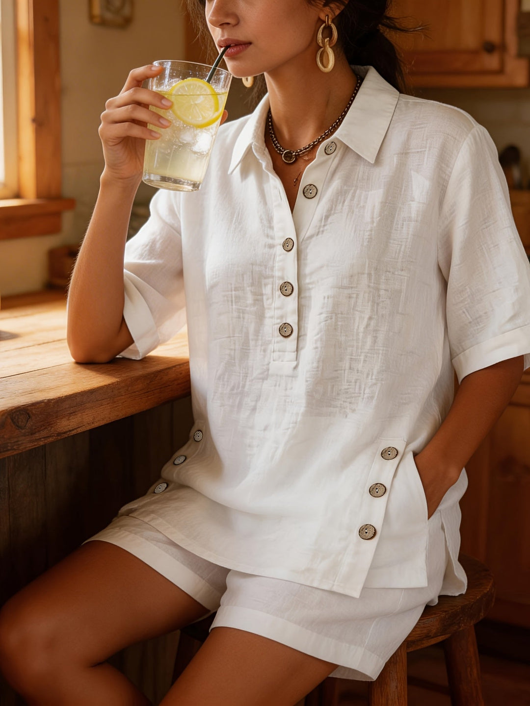 Effortlessly stylish women's top & shorts set, a comfortable and chic vacation or summer outfit.