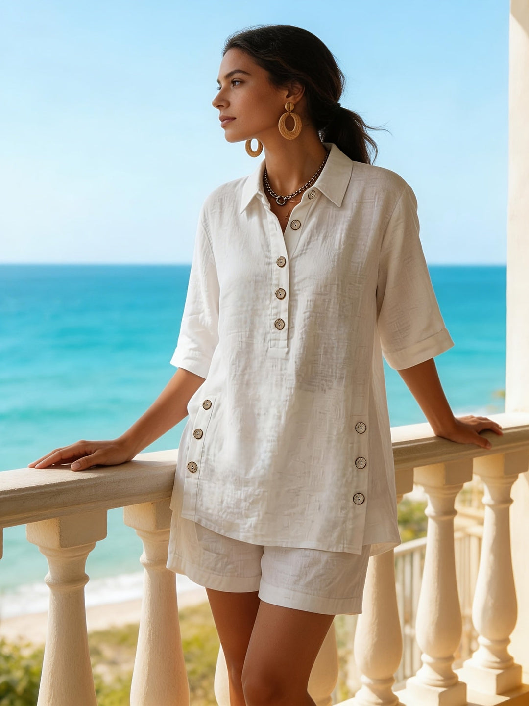 Women's collared button-up top & matching shorts set, a versatile casual or travel two-piece outfit.