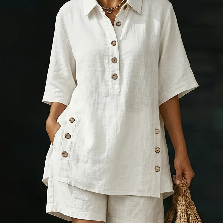 Trendy women's coordinated top and shorts set with a collared button-up, perfect for warm weather style.