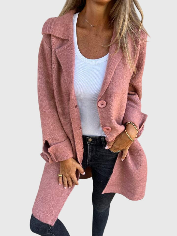 Full-length view of a women's versatile longline blazer, blending cozy comfort with stylish outerwear.