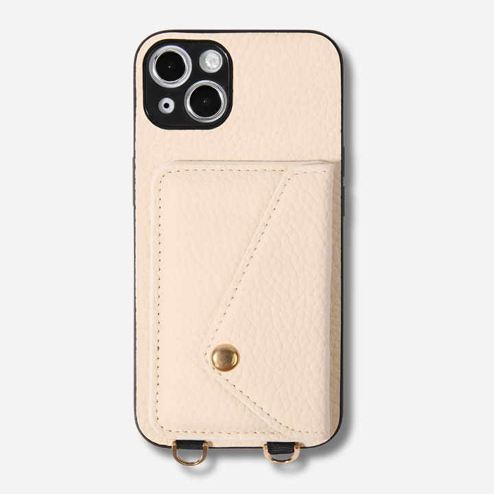 Minimalist women's iPhone crossbody case with card slots & lanyard. A stylish & practical hands-free accessory.