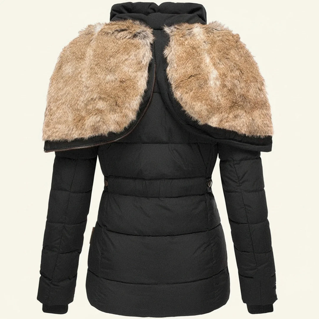 Warm quilted women's hooded puffer jacket, ideal for fashionable winter outerwear.