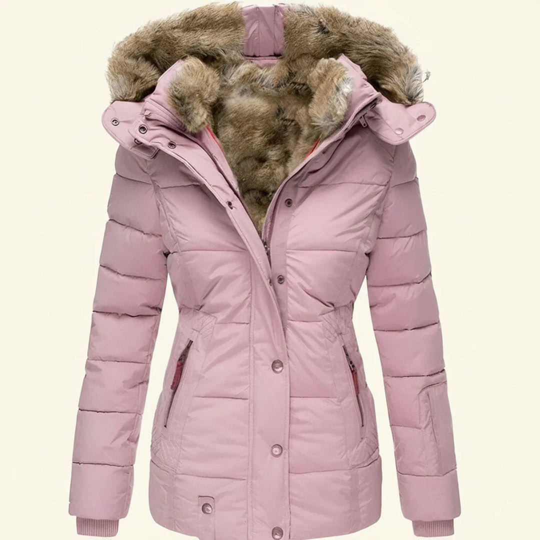 Women's warm hooded winter jacket, perfect for stylish cold weather protection and comfort.