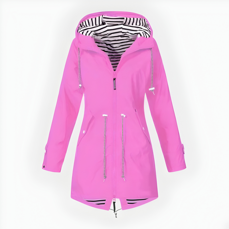 Stylish women's long rain jacket, waterproof & windproof, perfect for all-weather outdoor fashion.