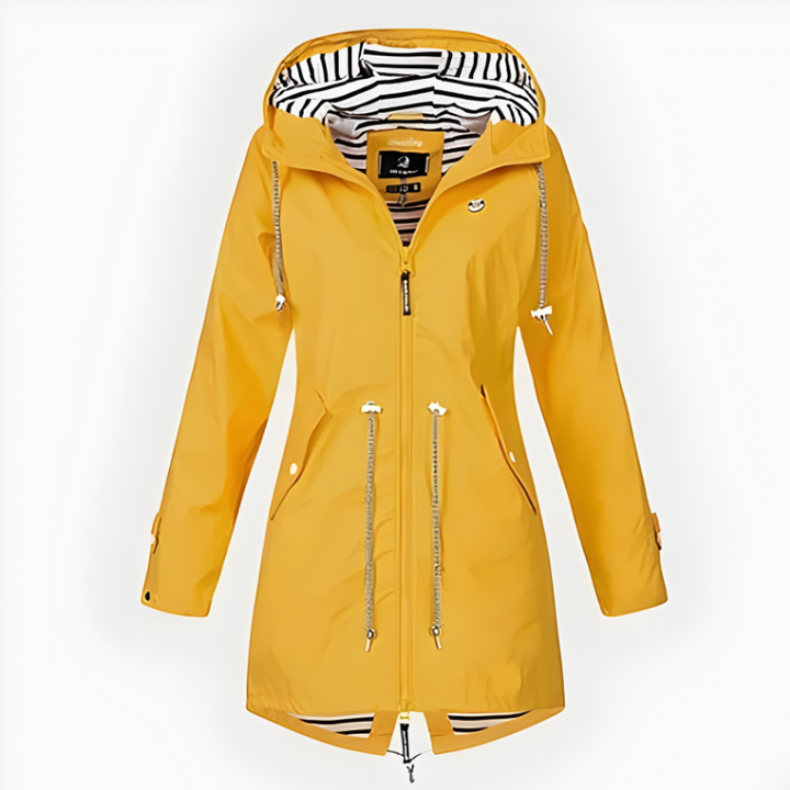 Back view of a practical and stylish women's long raincoat, offering full windproof & waterproof coverage.