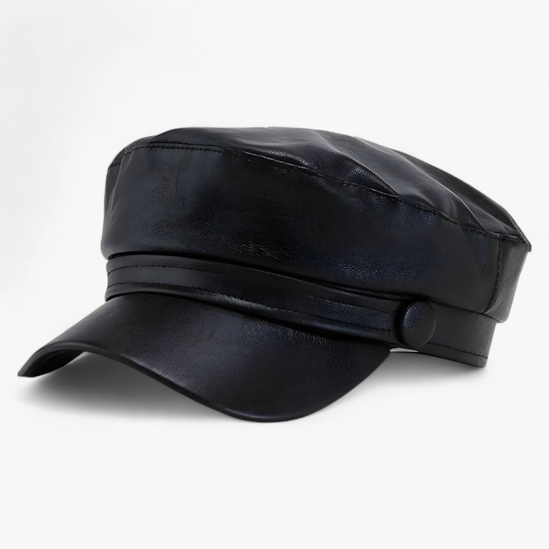 Adjustable women's octagonal flat cap, black PU leather, stylish headwear accessory for fall winter fashion.
