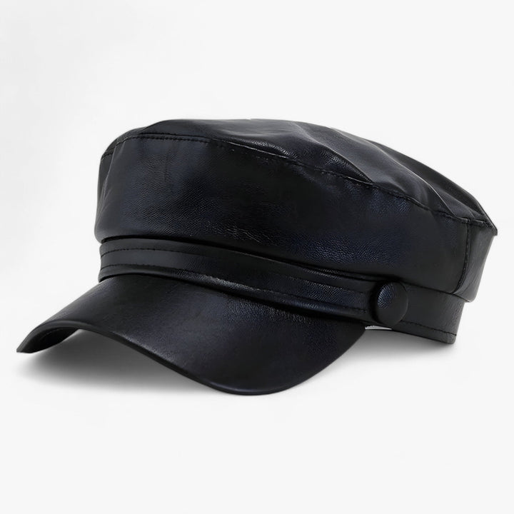 Adjustable women's octagonal flat cap, black PU leather, stylish headwear accessory for fall winter fashion.