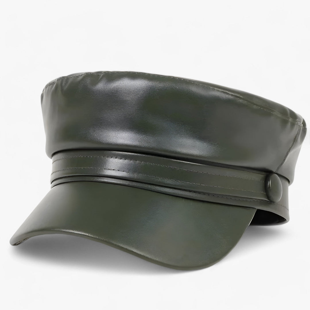 Versatile women's octagonal flat cap, black PU leather, complements various fall winter urban fashion styles.