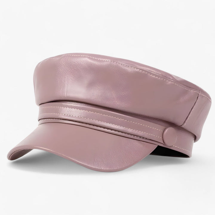 Black PU leather octagonal flat cap for women. A stylish, adjustable driving hat & fall winter urban accessory.