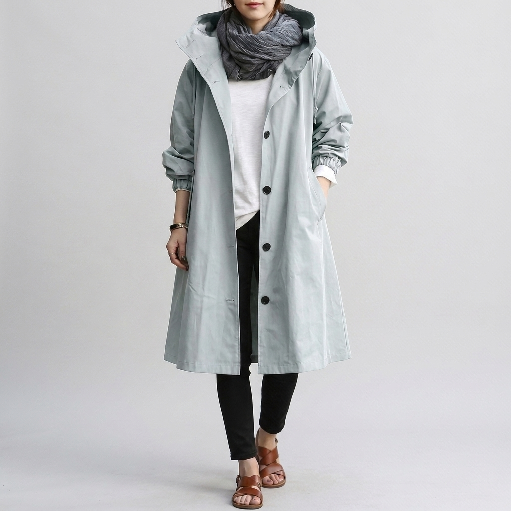 Loose-fit women's oversized rain jacket. Hooded and water-resistant for stylish and comfortable weather defense.