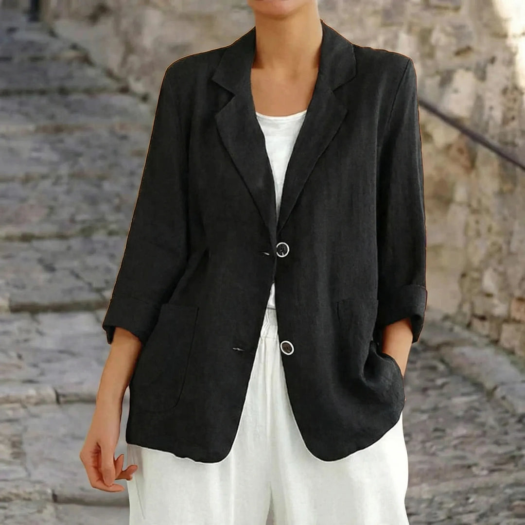 Stylish women's relaxed fit blazer, comfortable for office wear or chic casual outfits. Versatile lightweight jacket.