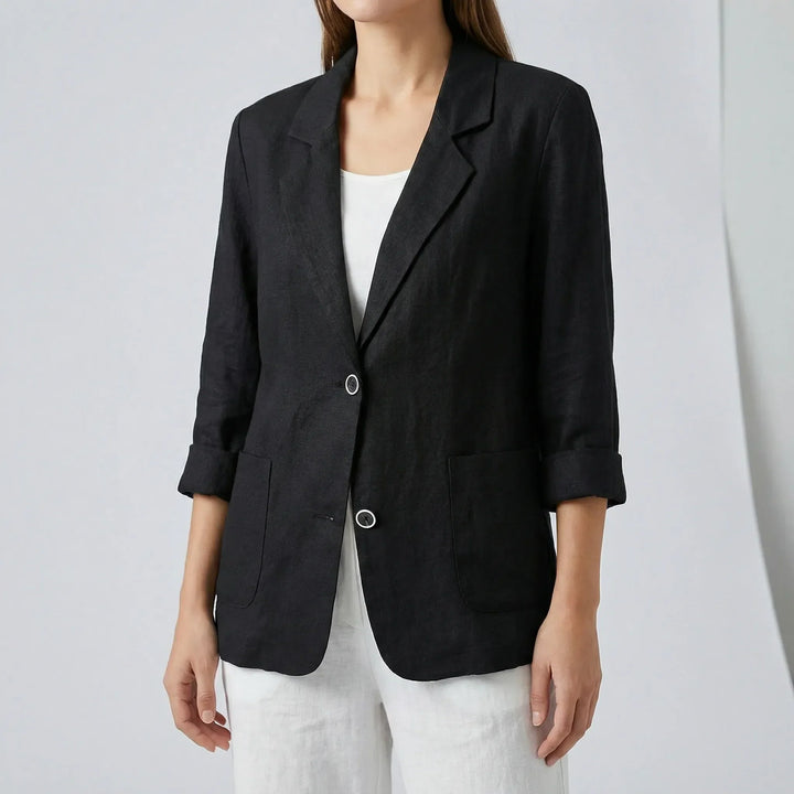 Women's Olivia relaxed fit blazer with three-quarter sleeves & patch pockets. Versatile for spring/fall fashion.