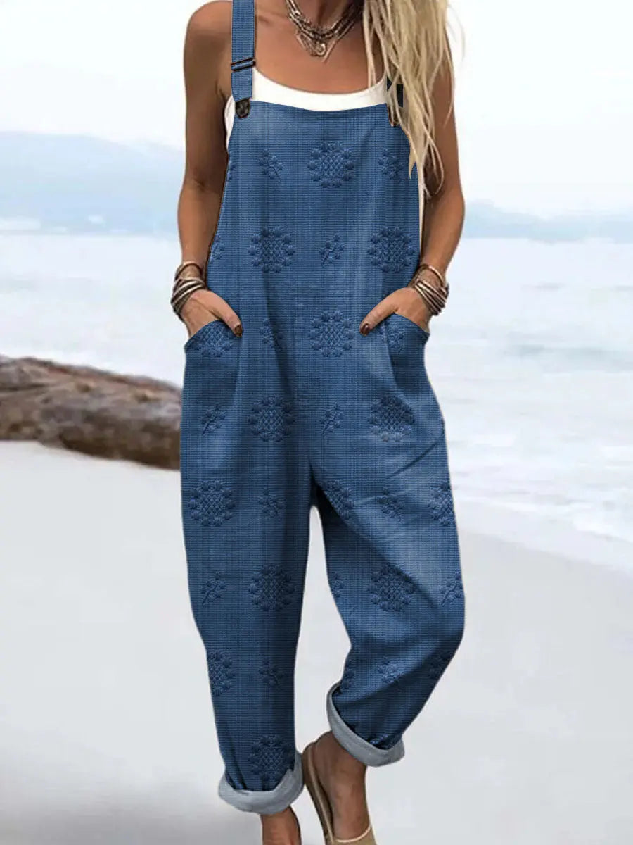 Stylish women's relaxed fit pattern jumpsuit, perfect for casual summer comfort with wide legs.