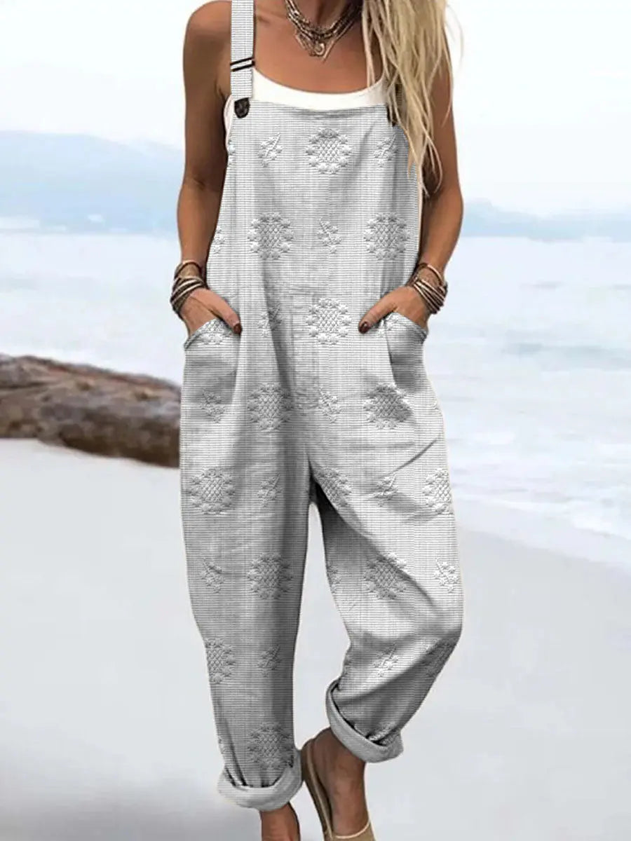 Full-length women's relaxed pattern jumpsuit, providing ultimate comfort and a stylish wide-leg silhouette.