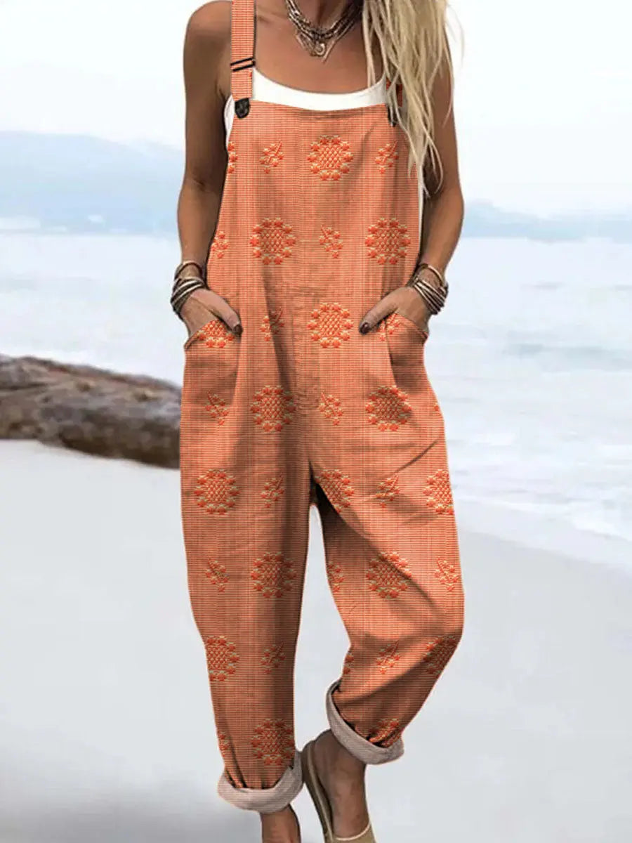 Modern women's wide-leg pattern jumpsuit with adjustable straps, designed for stylish and comfortable casual wear.