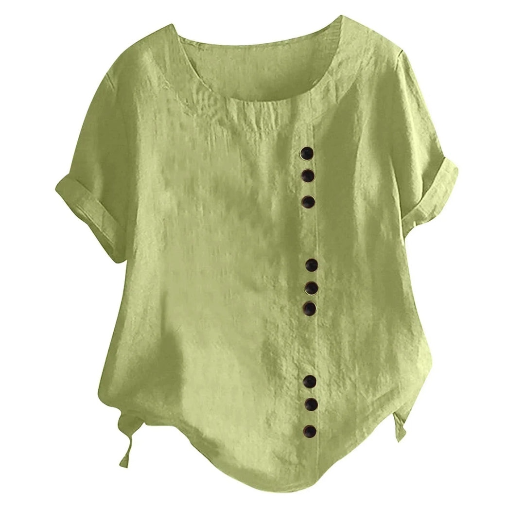 Women's short sleeve casual top, button-up design with an asymmetrical placket. A stylish everyday blouse.