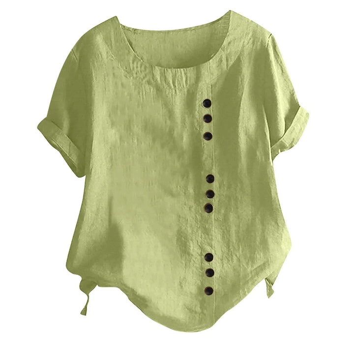 Women's short sleeve casual top, button-up design with an asymmetrical placket. A stylish everyday blouse.
