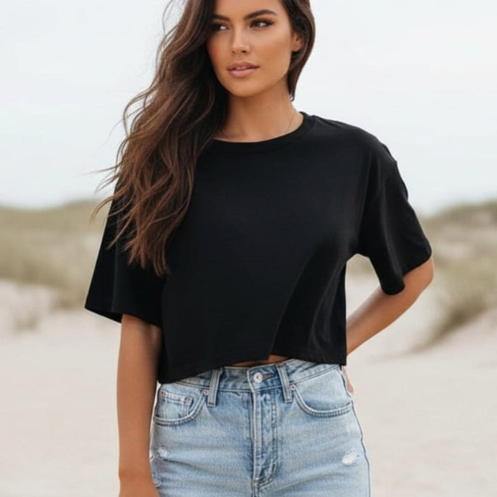 Trendy women's basic short sleeve crop top t-shirt for casual summer wear and everyday style.