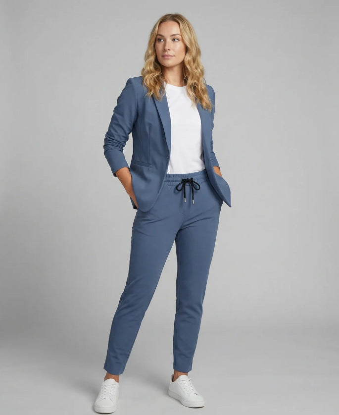 Full-length view of a women's two-piece suit, a comfortable blazer and stylish pants perfect for versatile wear.