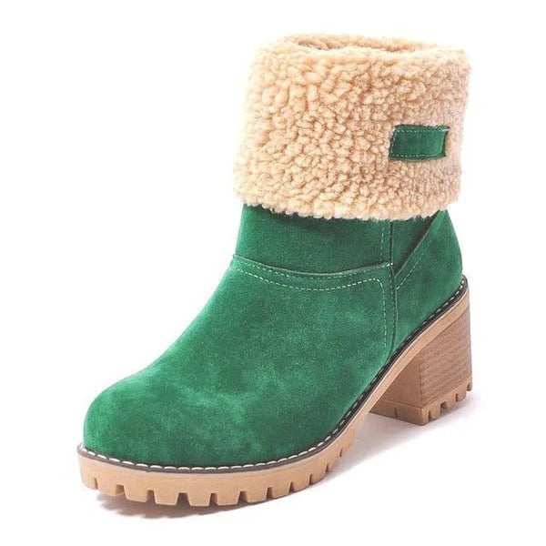 Trendy slip-on women's block heel snow boots for effortless winter style, warm & waterproof in cold weather.
