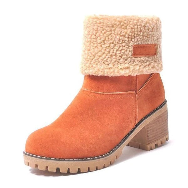 Women's warm block heel snow boots; waterproof, stylish & comfortable for cold weather winter fashion.